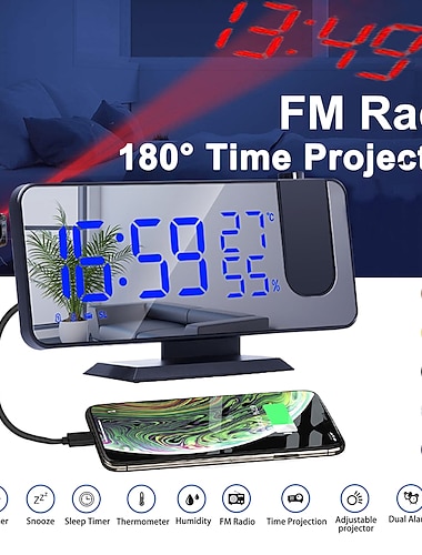  LED Digital Projection Alarm Clock Electronic Alarm Clock with Projection FM Radio Time Projector Bedroom Bedside Mute Clock