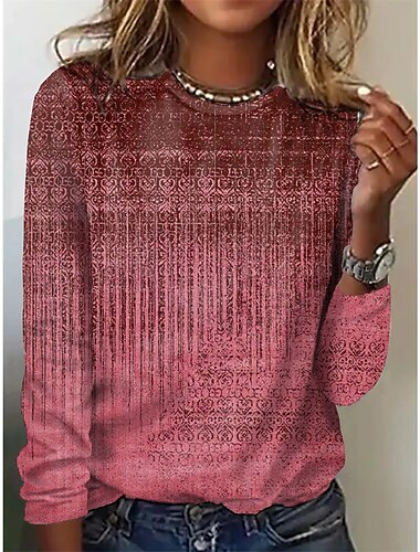  Dames T-skjorte Langermet Rund Hals Langermet Tunika Grafisk Basis Rund Hals Regular Topper Daglig Helgetrykk Rød Blå Grønn Khaki Grå Høst  Vinter Prefall