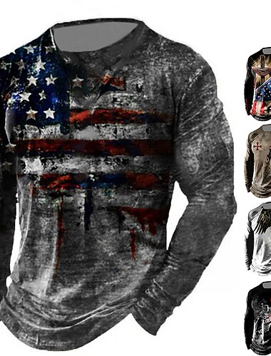  T-shirt homme patriotique Jour des Anciens Combattants Patriote Veteran T-shirt graphique impressions drapeau américain drapeau national T-shirt déchiré à manches longues T-shirt impression 3D col