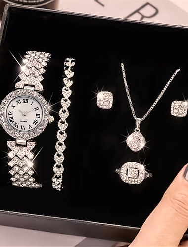  Reloj de cuarzo para mujer, reloj de diamantes de imitación, conjunto de joyas, 6 unidades/juego, relojes elegantes para mujer, joyería, reloj sofisticado y elegante para mujer