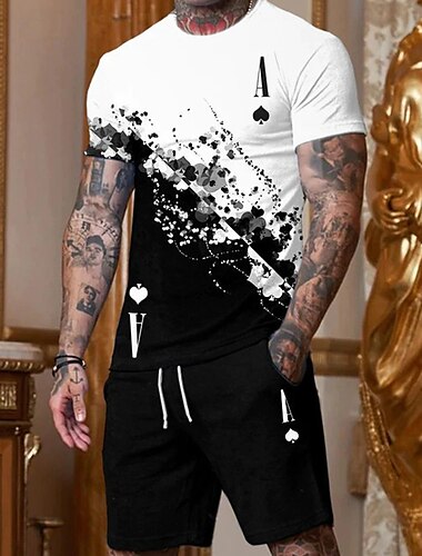  男性用 ショーツとTシャツのセット Tシャツの衣装 グラフィック ポーカー クルーネック 衣類 3Dプリント プラスサイズ アウトドア 日常 半袖 3Dプリント 2個 2個 デザイナー カジュアル 快適