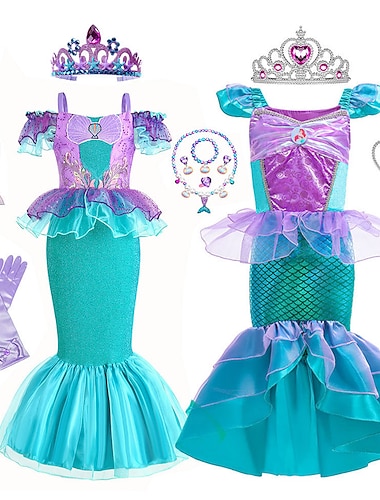  De kleine Zeemeermin Kleine Zeemeermin Zeemeerminstaart Ariel Aqua Princess Jurken Thema feestkostuum Voor meisjes Film cosplay Cosplay Halloween Pruiken Roze accessoireset Paarse accessoireset