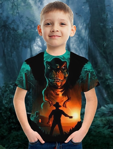  Infantil Para Meninos Camisa T Animal Dinossauro Manga Curta Crewneck Top infantil Casual Impressão 3D Legal Diário Verão Vermelho 3-12 anos