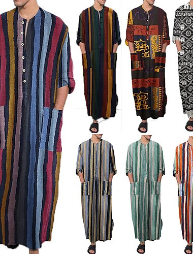  Hombre Talla Grande Pijamas Batas Bata de noche Pijama 1 PC Rayas musulmán Diario Mezcla de Algodón Comodidad Transpirable Bolsillo Primavera & Otoño Color de la foto Azul Piscina