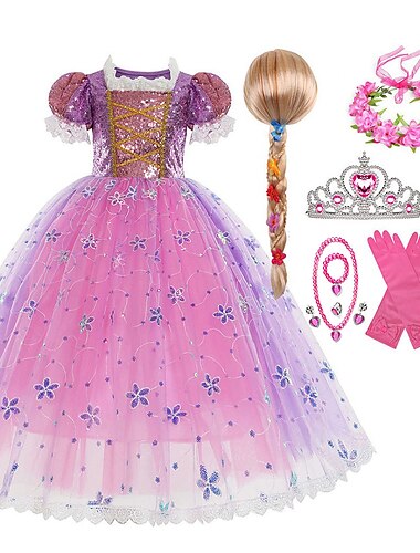  Raiponce Conte de Fée Princesse Sofia Robe de demoiselle d'honneur Costume de soirée à thème Robes en tulle Fille Cosplay de Film Cosplay Halloween Violet Violet (avec accessoires) Halloween Carnaval