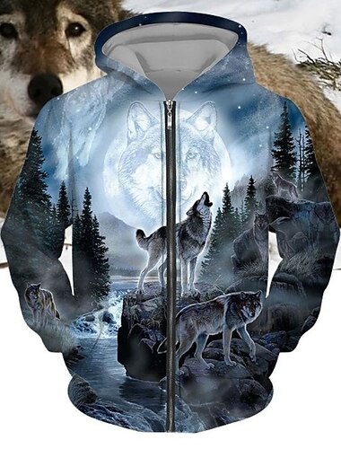  Hombre Lobo Estampados Sudadera Sudaderas Sudadera con capucha y cremallera completa Manga Larga Sudadera con capucha Con Capucha Ropa de calle Impresión 3D Deporte Diario Deportes Azul Piscina