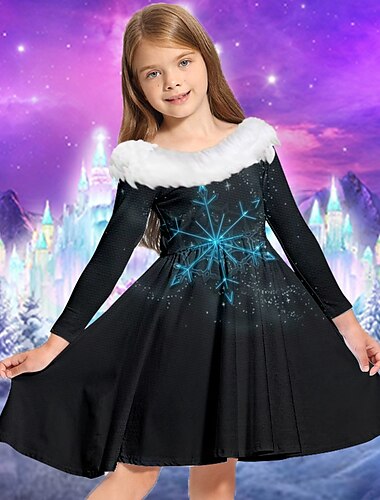  kinderkleidung Mädchen Kleid Schneeflockenkleid Schneeflocke Langarm Casual Pelzkragen Rundhalsausschnitt bezaubernd Täglich Polyester Übers Knie Casual kleid Schaukelkleid A Linie Kleid Herbst Winter