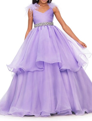  Princess Sweep / Brush Train Flower Girl Dress Quinceanera Juniors Cute Prom Dress Organza with Feathers / Fur Tiered Fit 3-16 Years