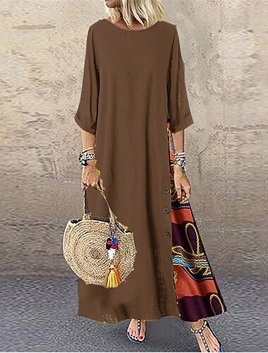  Damen Schwarz Gelb Wein Sommer Frühling Herbst Maxikleid Casual kleid Baumwoll-Leinenkleid Schaukelkleid Böhmen Modisch Brautkleider schlicht Outdoor Täglich Ausgehen Lockere Passform