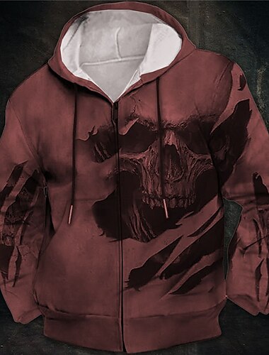  Herren Totenkopf Motiv Grafik-Drucke Hoodie Sweatshirt Kapuze Hoodies Pullover Kapuzenshirt mit durchgehendem Reißverschluss Langarm Sweatshirt mit Kapuze Mit Kapuze Strassenmode 3D-Druck Sport