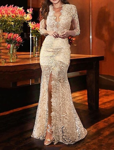  Mermaid / Trumpet Evening Gown Sexy Dress Formal Wedding Guest Sweep / Brush Train Long Sleeve V Neck Fall Wedding Reception Lace with Slit Appliques 2024