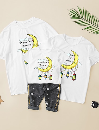  Sguardo di famiglia Ramadan maglietta Alfabetico Stella MOON Informale Girocollo Bianco Manica corta Mamma e me abiti Giornaliero Abiti coordinati