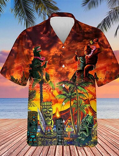  Herre Skjorte Hawaii skjorte Drage Kokosnøttre Grafiske trykk Flamme Aftæpning Gul Blå Oransje Grønn Avslappet Hawaiisk Kortermet Trykt mønster Knapp ned Klær Tropisk Mote Hawaiisk Myk