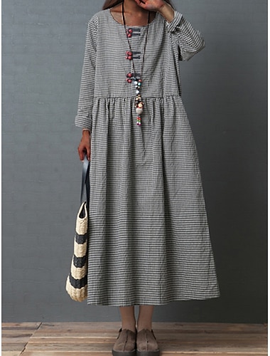  Per donna Abito Lungo Maxi Abito Finto cotone e lino Abito a Tubino Vestito Casual Vestito a ruota Essenziale Casual Quotidiano All'aperto Weekend Vestibilità comoda Plaid Manica Lunga Girocollo Nero