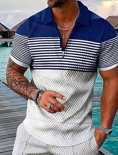  בגדי ריקוד גברים פסים חולצות פולו הוואי חולצת גולף שרוולים קצרים חולצות פולו חולצות עם צווארון יום יומי ביגוד חוף בגדי נופש תלבושות למסיבה הדפסת תלת מימד רבע זיפ פולו פול שחור לבן שחור