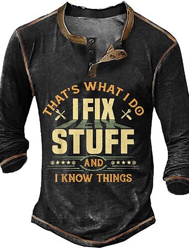  男性用 グラフィック レタード ヘンリーシャツ Tシャツ 長袖 3Dプリント ファッション デザイナー 快適 アウトドア カジュアル 日常 春 & 秋 ブラック ブルー グリーン コーヒー ヘンリー ヘンリーTシャツ