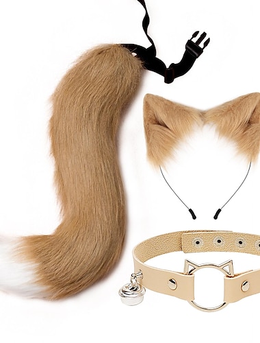  猫耳とオオカミキツネアニマルテールコスプレ衣装フェイクファーヘアクリップヘッドドレスハロウィンレザーネックチョーカーセット