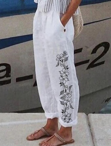  Mujer Pantalones de lino Pantalones anchos Mezcla Lino Algodón Bolsillos laterales Holgado Estampado Longitud total Blanco Verano