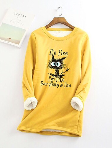  Kapuzenpullover für Damen in Übergröße, Fleecefutter, Katze, Alltagskleidung, Urlaub, Gelb, Rosa, Rot, Sport, Teddy, Sherpa-Fleece, „I'm Fine Everything Is Fine“, Rundhalsausschnitt, lange Ärmel,