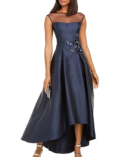  a-line bryllup gjestefest kjole elegant kjole svart slips asymmetrisk ermeløs juvelhals høst bryllup gjest sateng med folder applikasjoner 2024