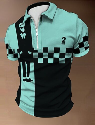  פסטיבל מוזיקה בגדי ריקוד גברים משובץ מוסיקה חולצות פולו עם רוכסן חולצת גולף שרוולים קצרים חולצות פולו חולצות עם צווארון יום יומי בגדי נופש בגדי פסטיבלים תלבושות למסיבה הדפסת תלת מימד רבע זיפ פולו