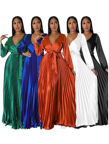  Per donna Abito lungo Abito lungo Vestito da festa Vestito tubino Vestito svasato Colore puro Di tendenza Romantico Feste Invitati del matrimonio Cocktail party A pieghe Con cintura Manica lunga A V