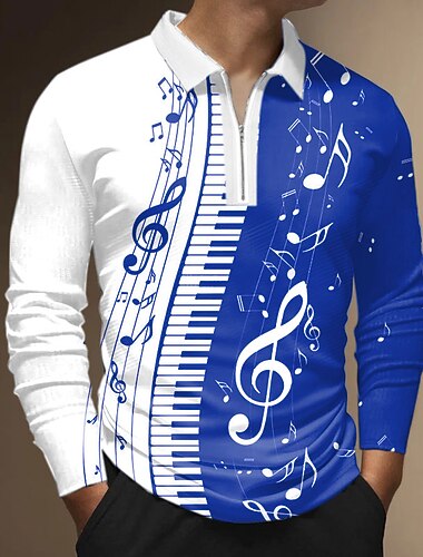  פסטיבל מוזיקה בגדי ריקוד גברים מוסיקה חולצות פולו עם רוכסן חולצת גולף שרוול ארוך חולצות פולו חולצות עם צווארון יום יומי בגדי נופש בגדי פסטיבלים תלבושות למסיבה הדפסת תלת מימד רבע זיפ פולו שחור אודם פול