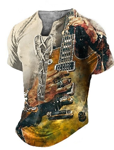  رجالي قميص هينلي بلايز الرسم قيثارة هينلي ملابس طباعة ثلاثية الأبعاد مناسب للبس اليومي الرياضة كم قصير محاك بربطات طباعة موضة أنيق عتيق كاجوال