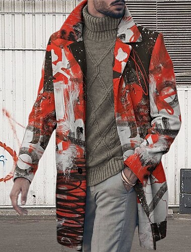  Herr Grafiska tryck Graffiti Vinterkappa Rock Kappa Håller värmen Andningsfunktion Bekväm Mode Streetwear Affär Arbete Klä till Jobbet Utekväll Ficka Mönster Höst vinter Nedvikt Långärmad Rubinrött