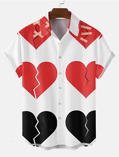  Herren Herz Hemd Knopfhemd Kurzarm Tropisch Modisch Hawaiianisch Casual Festtage Strand Sommer Frühling Umlegekragen Bedruckt Button-Down Schwarz Weiß Wein Rote Regenbogen