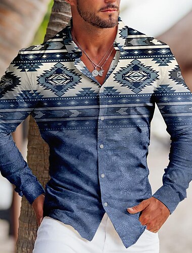  Hombre Tribal Estampados Geometría Camisa camisa occidental Camisa vaquera Manga Larga Deportes Moda Ropa de calle Exterior Diario Otoño invierno Cuello Vuelto Estampado Abotonar Azul Piscina Marrón