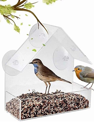 Mangeoire à oiseaux de fenêtre Mangeoires à oiseaux d'extérieur résistantes aux intempéries avec plateau à 3 sections et couverture de toit, cabane à oiseaux transparente, grande cabane à oiseaux suspendue à l'extérieur