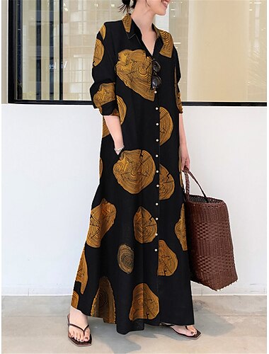  Mulheres Camisetão Vestido casual Vestido de linho de algodão Vestido maxi longo Linho Básico Casual Ao ar livre Diário Colarinho de Camisa Botão Bolsos Manga Longa Verão Primavera Outono 2023 Ajuste