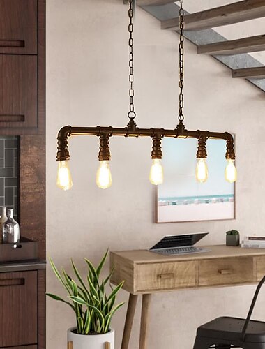 5-flammige 90cm industrielle Pendelleuchte Vintage Schmiedeeisenrohr in schwarzem Finish Steampunk Kronleuchter Bar Bistro Restaurant Beleuchtung