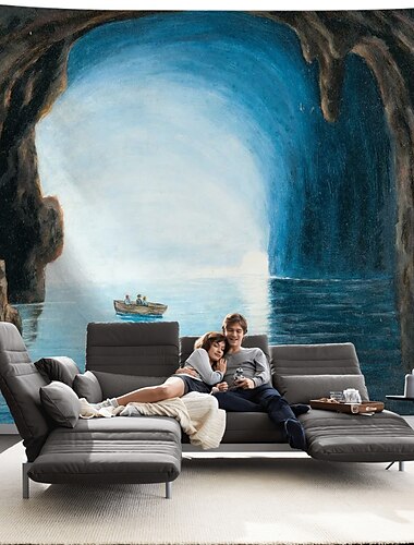  Ozean Höhle Wandteppich Landschaft Sonnenuntergang Insel Kunst Dekor Foto Hintergrund Decke Vorhang hängend Zuhause Schlafzimmer Wohnzimmer Dekoration