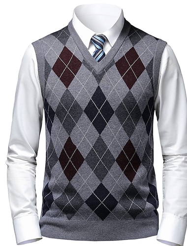  Herren Pullover Pullunder Herren Pullover Zur Seite fahren Gerippt Stricken Strick Plaid V Ausschnitt Stilvoll Brautkleider schlicht Freizeitskleidung Urlaub Bekleidung Frühling & Herbst Kamel Wein M