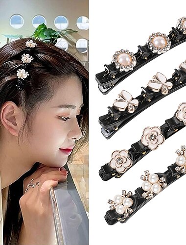  Parkling クリスタルストーン 編み込みヘアクリップ 3つの小さなクリップ付き 真珠形のヘアピン ダックビルクリップ編み込みヘアクリップ ラインストーン付き 女性/女の子用