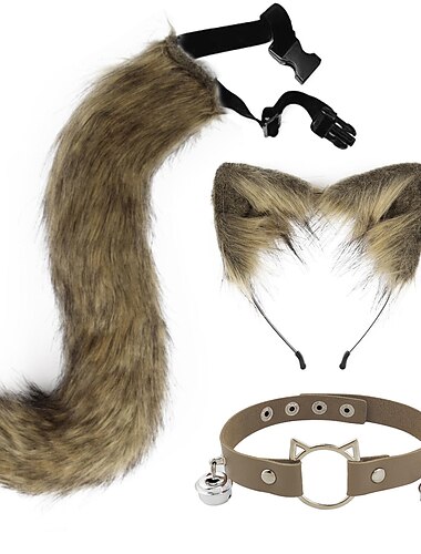  Katzenohren und Wolfsfuchs Tierschwanz Cosplay Kostüm Kunstfell Haarspange Kopfschmuck Karneval Leder Halsband Set