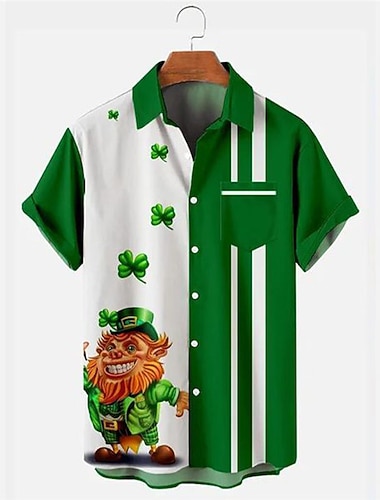  St. Patrick Männer Cartoon Hut Gestreiftes Shirt Sommer Hawaiian Shirt Kurzarm tropische Mode Hawaiian Outdoor St. Patrick's Day Straße Sommer Frühling Umgeschlagen Druck Button-Down Schwarz Weiß Gelb