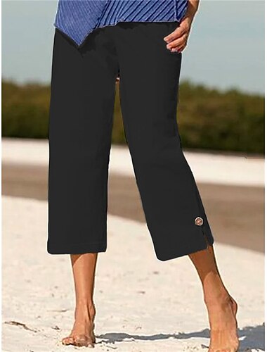  Femmes Pantalon capri Faux coton lin Chinos Shorts d'été Mode Longueur mollet Uni Poches Latérales Bouffant Fendu Confort Non Elastique Décontracté Quotidien Bleu Noir Blanche Rouge Coupe régulière