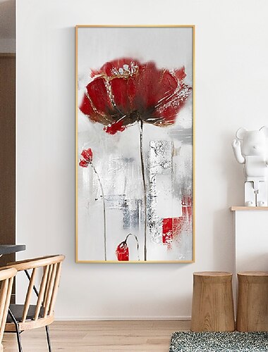  Fait à la main peint à la main art mural moderne abstrait fleur rouge décoration de la maison décor toile roulée pas de cadre non étiré