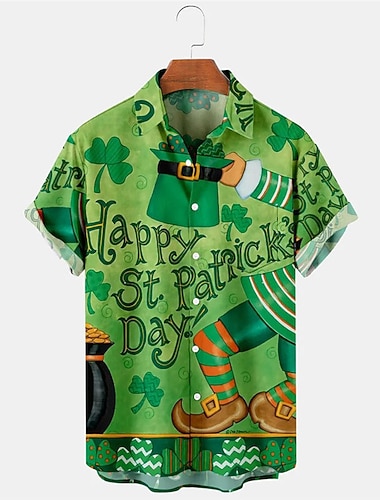  St. Patrick's Day Herrenhemd Sommer Hawaiihemd Cartoon Buchstaben Saint Patrick Tag St. Patrick's Day Kleeblatt Umkrempeln Weiß Hellgrün Blau Himmelblau Staubblau Outdoor Straße Kurzarm
