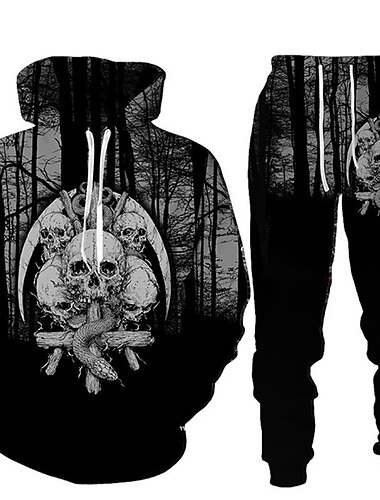  Herren Grafik Schädel 2St 3D Sweatshirt-Sets Trainingsanzug Kapuzenshirts Langarm Lange Hosen Mit Kapuze Streetwear Designer Basic Sport & Outdoor Lässig Sport Druck Frühling Herbst Schwarz Braun