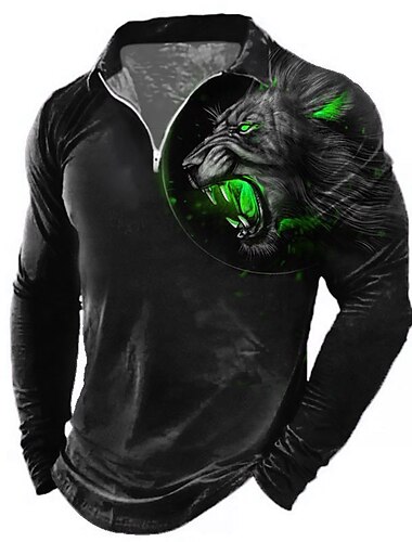  Voor heren Leeuw Poloshirts met rits Golfshirt Lange mouw Poloshirt Overhemden met kraag Casual Grappig Streetwear Vakantiekleding Feestoutfits 3D-afdrukken Polo met kwartrits Zwart Rood blauw