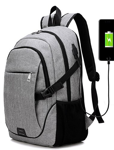  Men's School Bag Bookbag Functional Backpack Outdoor Solid Color Oxford Cloth PU Leather Large Capacity Zipper Black Gray