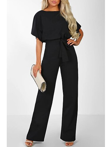  Damen Normal Jumpsuit Elegant Feste Farbe Kurzarm Gerade Rundhalsausschnitt Angeschnallt Weite Hosen Hochzeit Abiball Lockere Passform Schwarz Gelb Rosa Sommer
