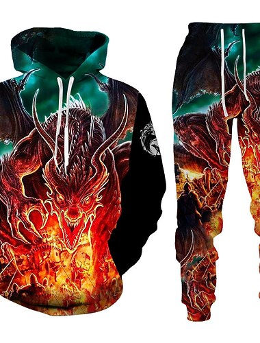  Herren Grafik Drache 2St 3D Sweatshirt-Sets Trainingsanzug Kapuzenshirts Langarm Lange Hosen Mit Kapuze Streetwear Designer Basic Sport & Outdoor Lässig Sport Druck Frühling Herbst Schwarz Rote Orange