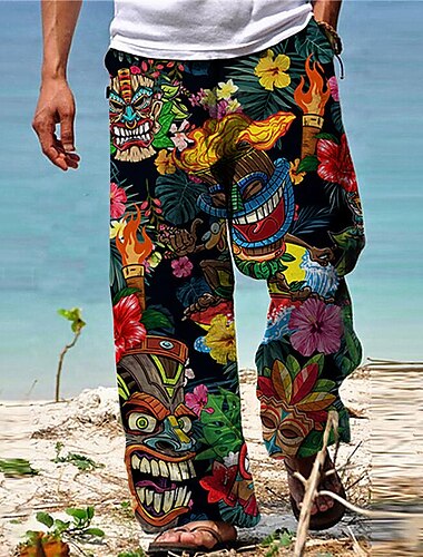  Homme Pantalon pantalon été Pantalon de plage Cordon Taille elastique Jambe droite Animal Plantes Imprimés Photos Confort Casual du quotidien Vacances Hawaïen Design Noir Jaune