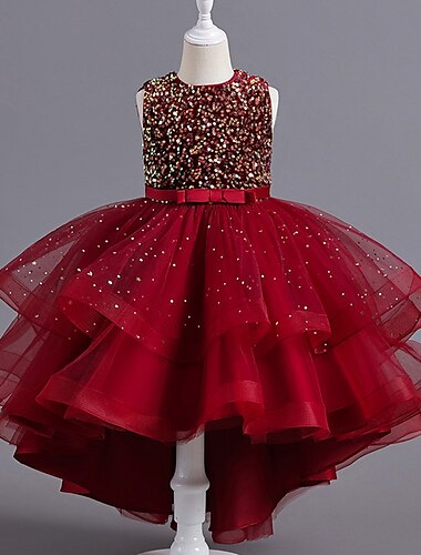  Flower Girl Dress Girls' Dress Party Dress Performance Wedding Party Elegant Princess Sequins Mesh Sequin Sleeveless Crew Neck White Red 3-13 Years