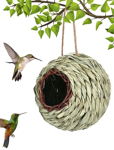  nid d'oiseau tissé à la main pour l'extérieur suspendu, petites maisons d'oiseaux d'herbe pour l'extérieur, cabane à oiseaux en fibre naturelle se percher poche pour mésange canari pinson